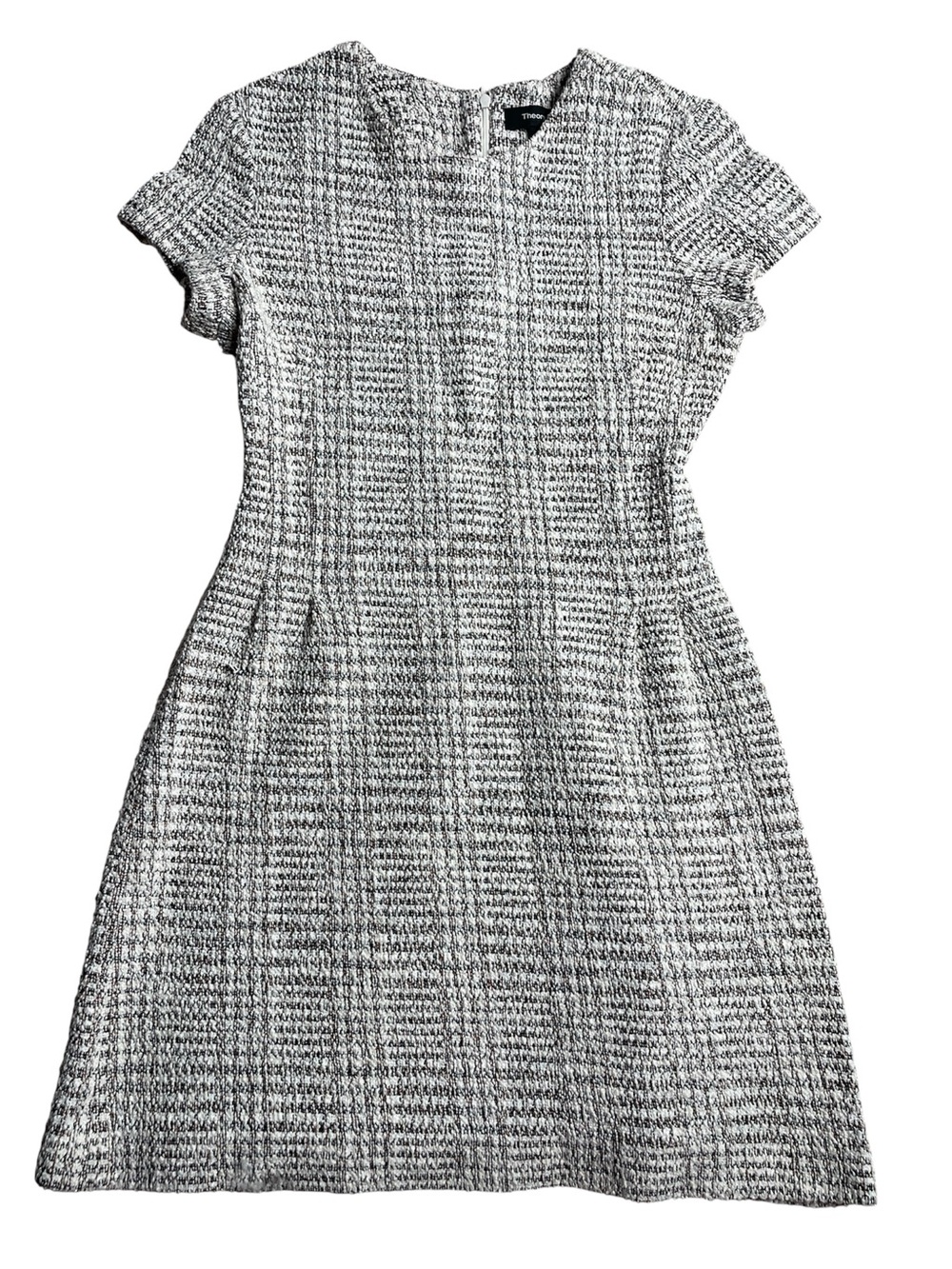 Theory Ivory and Black Tweed Short-Sleeve Fit & Flare Dress - Picture 2 of 13